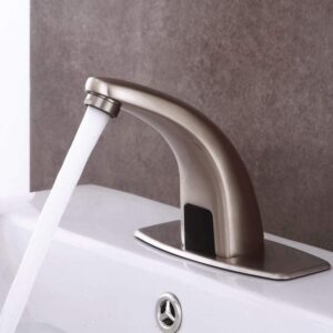 Automatic Sensor Touchless Bathroom Faucet Brushed Nickel Eletronic Motion Activated Hands-Free Include Pop Up Drain Overflow Lavatory Vanity Bath Sink Faucet,Touch-Free Solid Brass