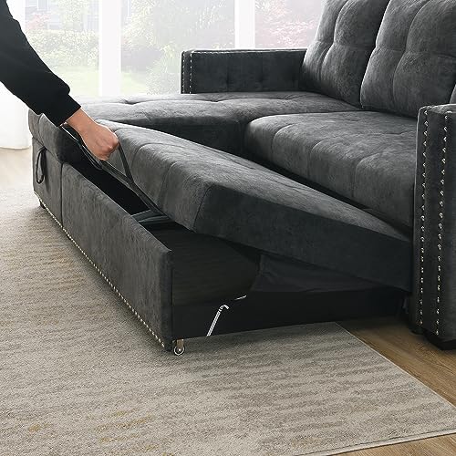 Morden Fort Sectional Sleeper Sofa with Pull Out Bed Storage, Queen Size 91 inches Sofa Bed, L-Shape Sectional Couch with Comfy Chaise Seat Sectional Sleeper Couch for Living Room, Black