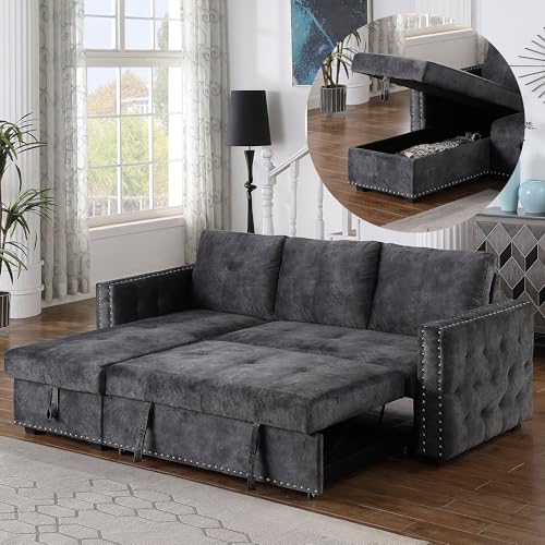 Morden Fort Sectional Sleeper Sofa with Pull Out Bed Storage, Queen Size 91 inches Sofa Bed, L-Shape Sectional Couch with Comfy Chaise Seat Sectional Sleeper Couch for Living Room, Black