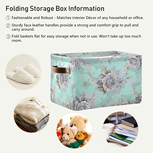 AUUXVA Floral Flower Rose Pattern Storage Bin Canvas Toys Storage Basket Bin Large Storage Cube Box Collapsible with Handles for Home Office Bedroom Closet Shelves,1 pc