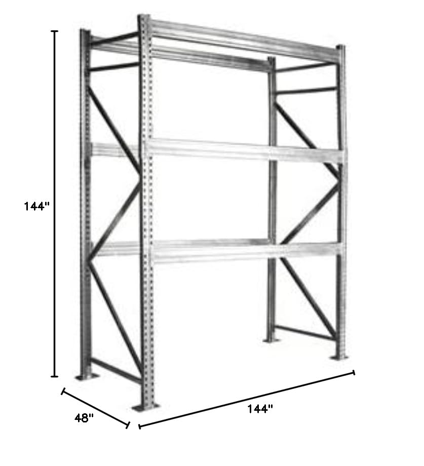 Shelving Inc. 48"d x 144"w x 144"h - 3-Tier Galvanized Teardrop Pallet Rack Starter Unit, No Decking, 6-1/2"h Beams, Weight Capacity 7160lbs Per Level