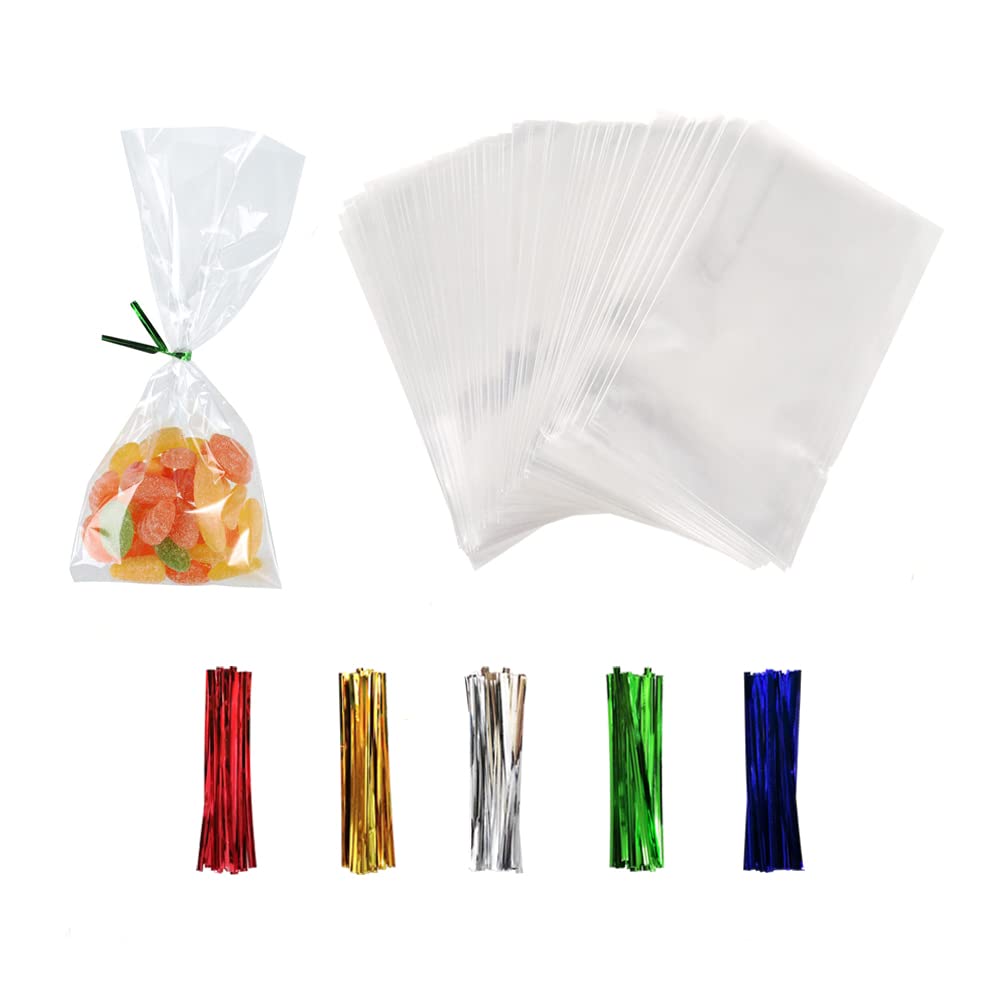 XLSFPY 100PCS Clear Cellophane Treat Bags with 100PCS Twist Ties, 3x4 OPP Rice Crispy Bags for Gift Goodie Favor Candy Cake Pop Birthday Party Cookies Christmas New Year Wedding Party (3'' x 4'')