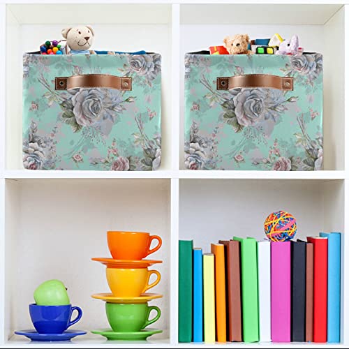 AUUXVA Floral Flower Rose Pattern Storage Bin Canvas Toys Storage Basket Bin Large Storage Cube Box Collapsible with Handles for Home Office Bedroom Closet Shelves,1 pc