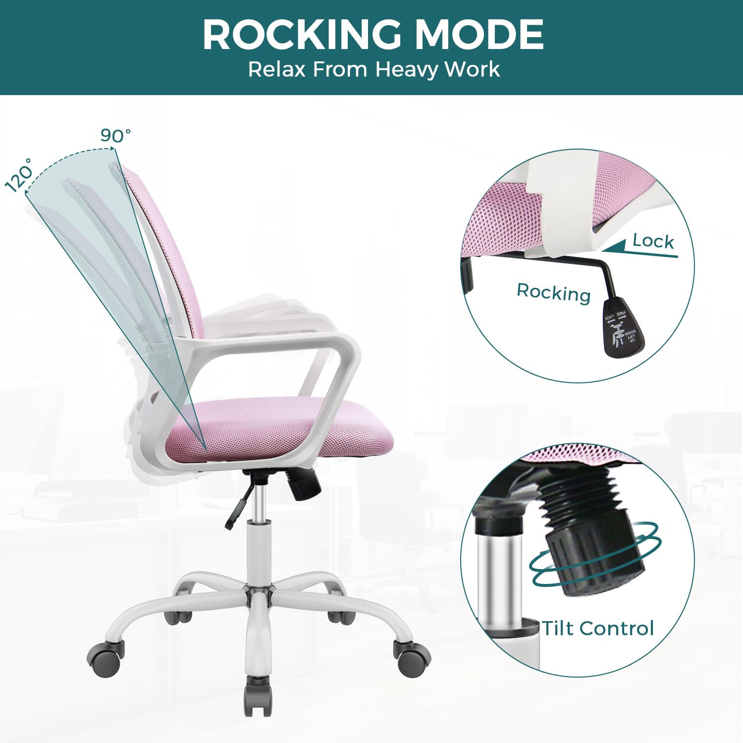 Pink Office Chair Ergonomic Desk Chair Mesh Home Office Desk Chairs Computer Chair Mid Back Task Chair with Armrests Lumbar Support