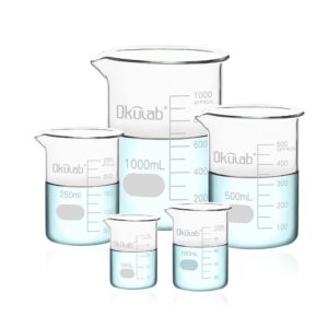 Okulab Glass Beaker Set, Low Form, Graduated 3.3 Borosilicate Glass Beakers (I PC of 50 100 250 500 1000ml) for Lab, Classroom, Craft, Kitchen, BKLGS5A1