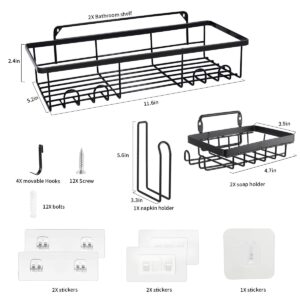 Shower Caddy Shelf (2 Pack) with 2 Soap Dishes, No Drilling Traceless Adhesive Toilet Paper Holder Shower Organizer with 4 Hooks