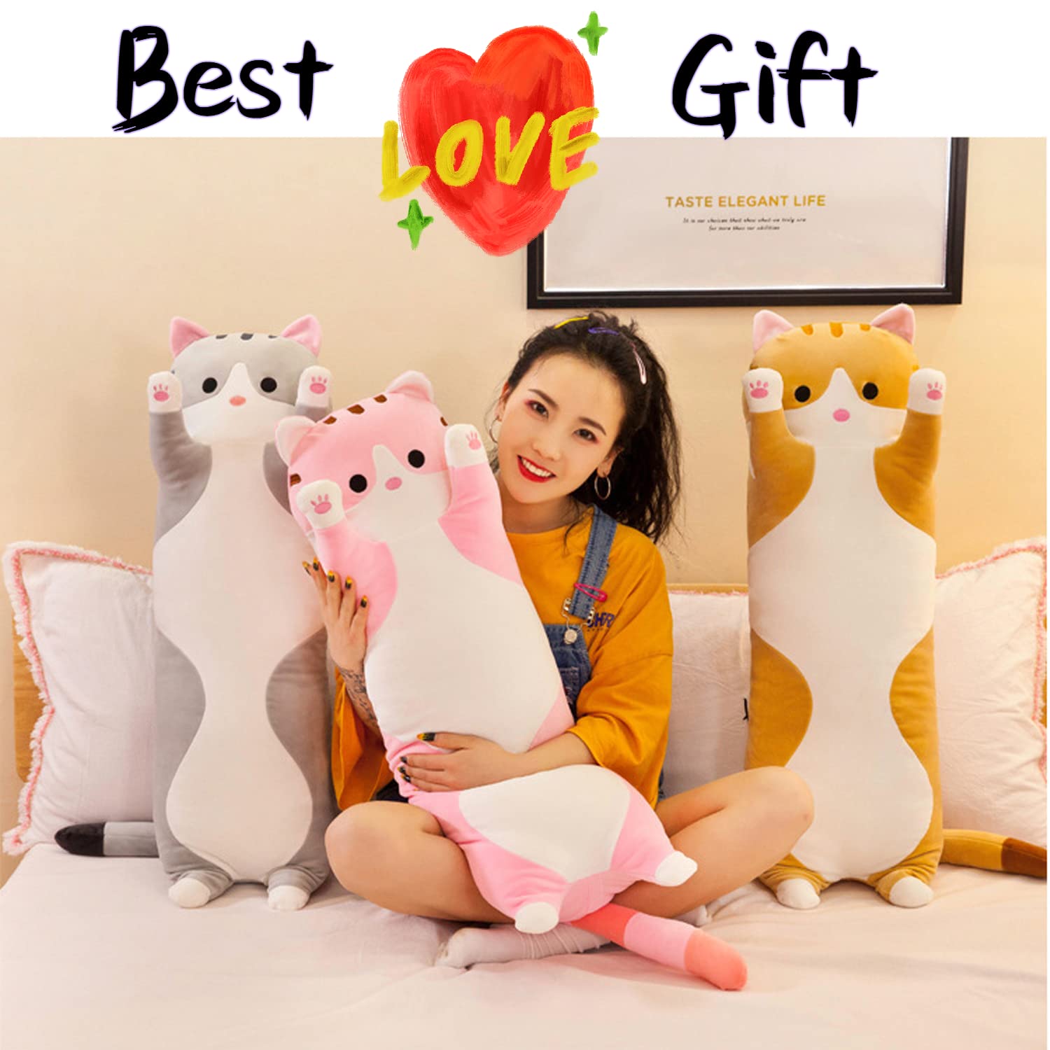 Handytoolinc Soft Cat Plush Pillow Long Stuffed Animals Sleeping Pillow Cotton Kitten Pillow Cute Long Body Pillow Gift for Kids Girlfriend (27.6 inch/70cm,Grey)