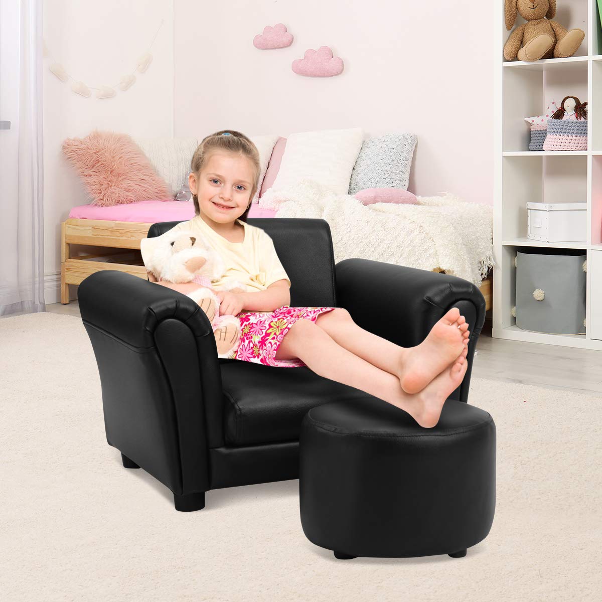 GLACER Kids Sofa w/Footstool, Toddler Mini Couch w/PVC Leather, Ergonomic Armrest & Backrest, 100 LBS Load-Bearing, Upholstered Children Sofa for Boys Girls (Black)