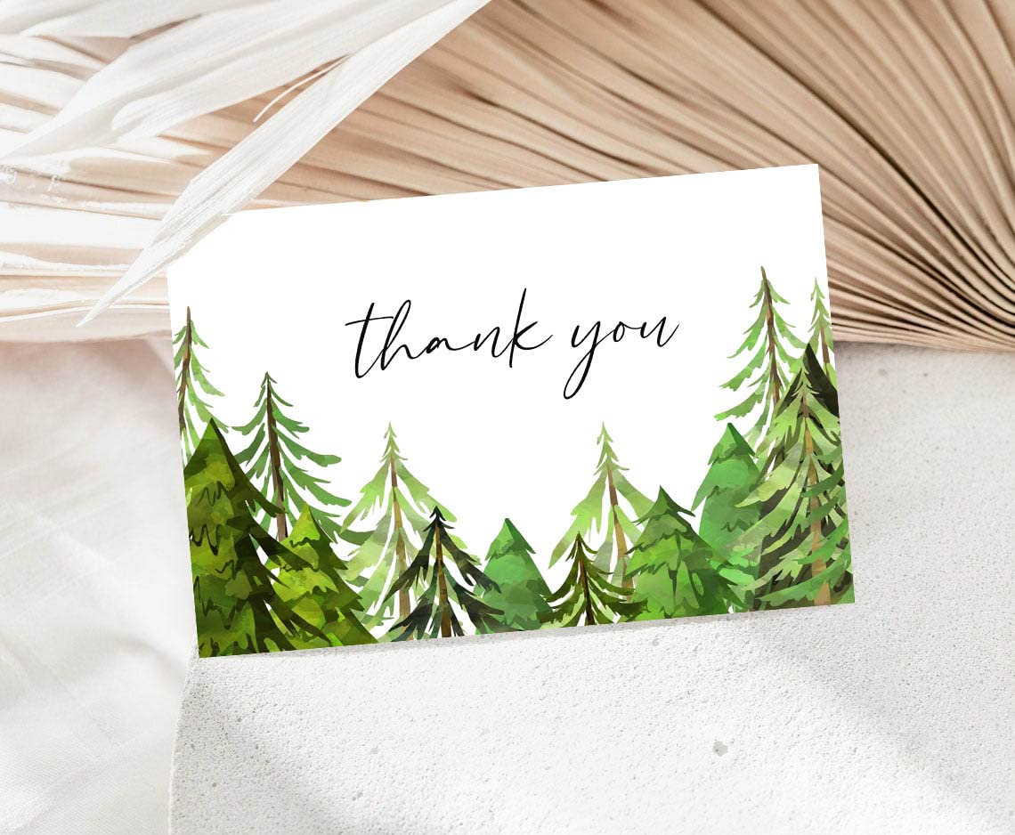 50 Green Forest Trees Thank You Cards, Watercolor Greenery Thank You Note Cards, 4''x6'' Woodland Thank You Cards