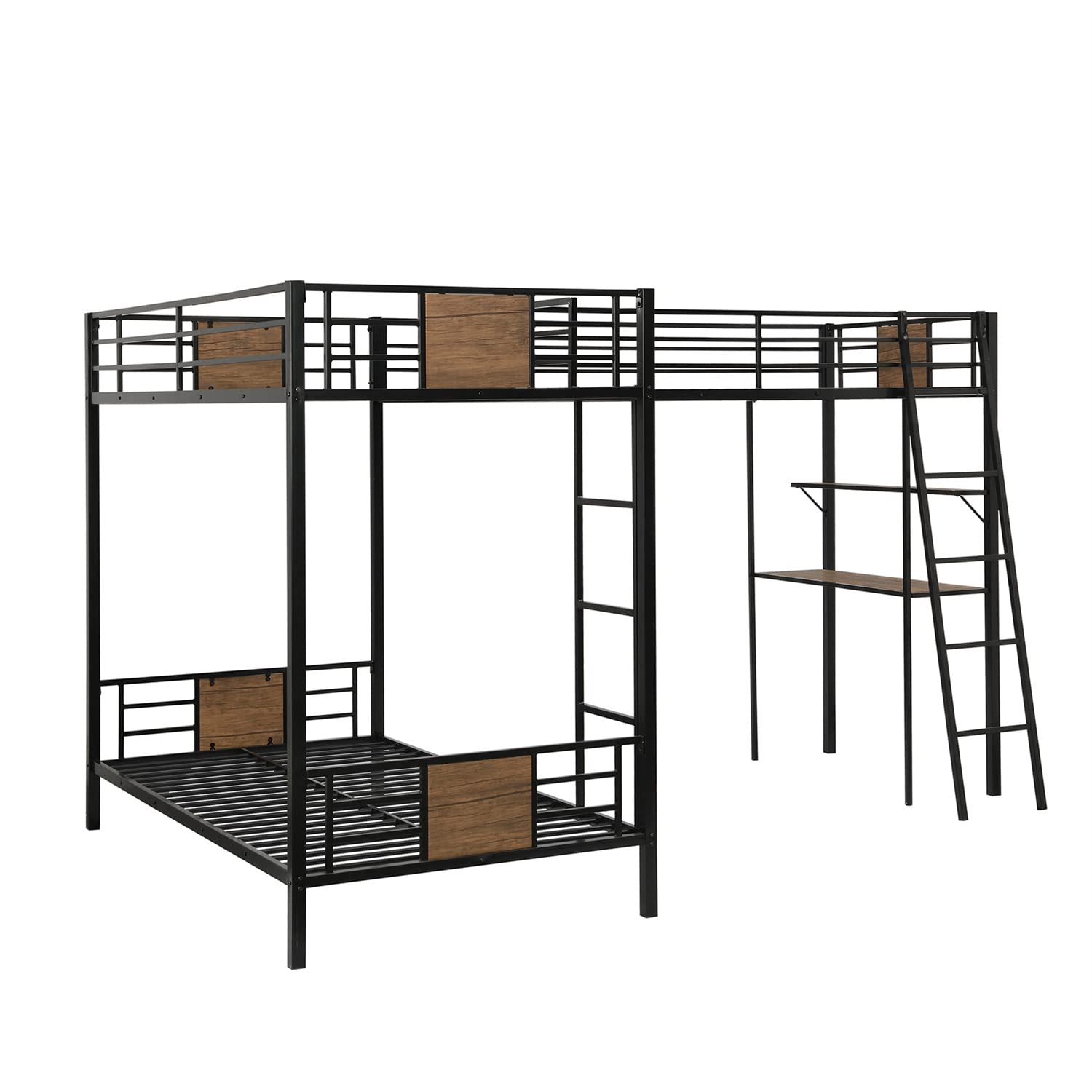 Metal Triple Bunk Bed for Kids Twin Over Twin L-Shape Bunk Bed Attached a Loft Bed with Desk & Shelves 3 Bunked Beds for for Dorm, Boys Girls Teens Kids, Brown