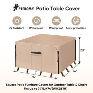 PTEROMY Waterproof Patio Table Cover, Heavy Duty 600D Canvas Patio Furniture Covers for Outdoor Dining Table and Chairs (Beige, 74''x 74'')