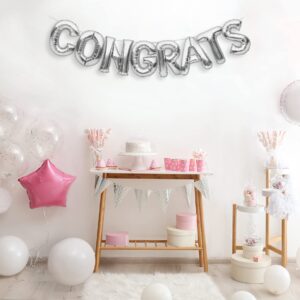 PartyForever Big Silver Congrats Balloon Banner 16 inch Letters for Graduation Party Decorations and Supplies