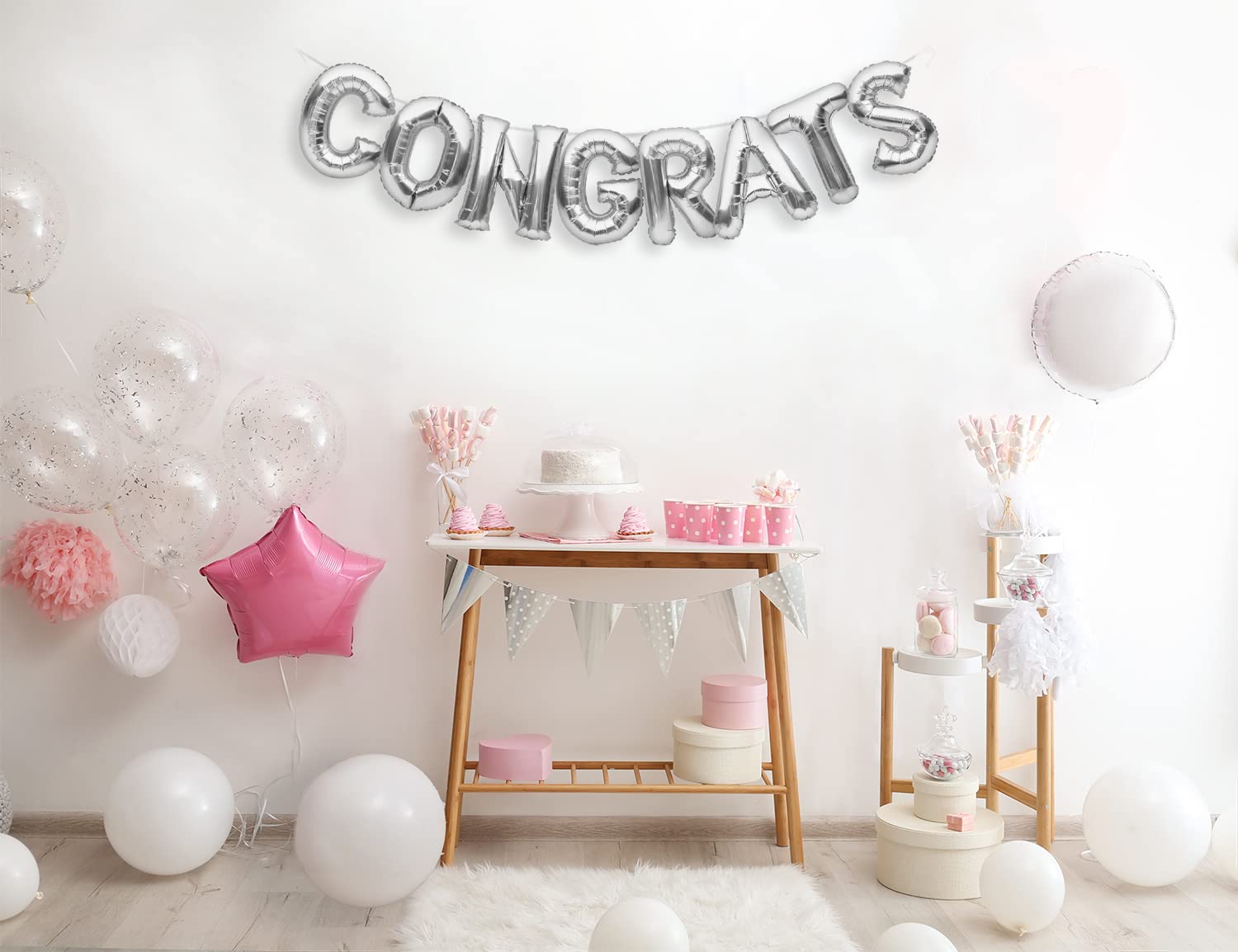 PartyForever Big Silver Congrats Balloon Banner 16 inch Letters for Graduation Party Decorations and Supplies