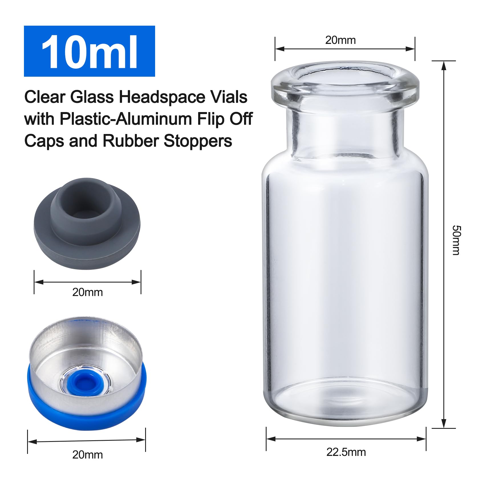 200 Pack 10ml Glass Vials, Clear Glass Headspace Vials with Plastic-Aluminum Flip Off Caps and Rubber Stoppers, 20mm Transparent Flat Bottom Lab Vial