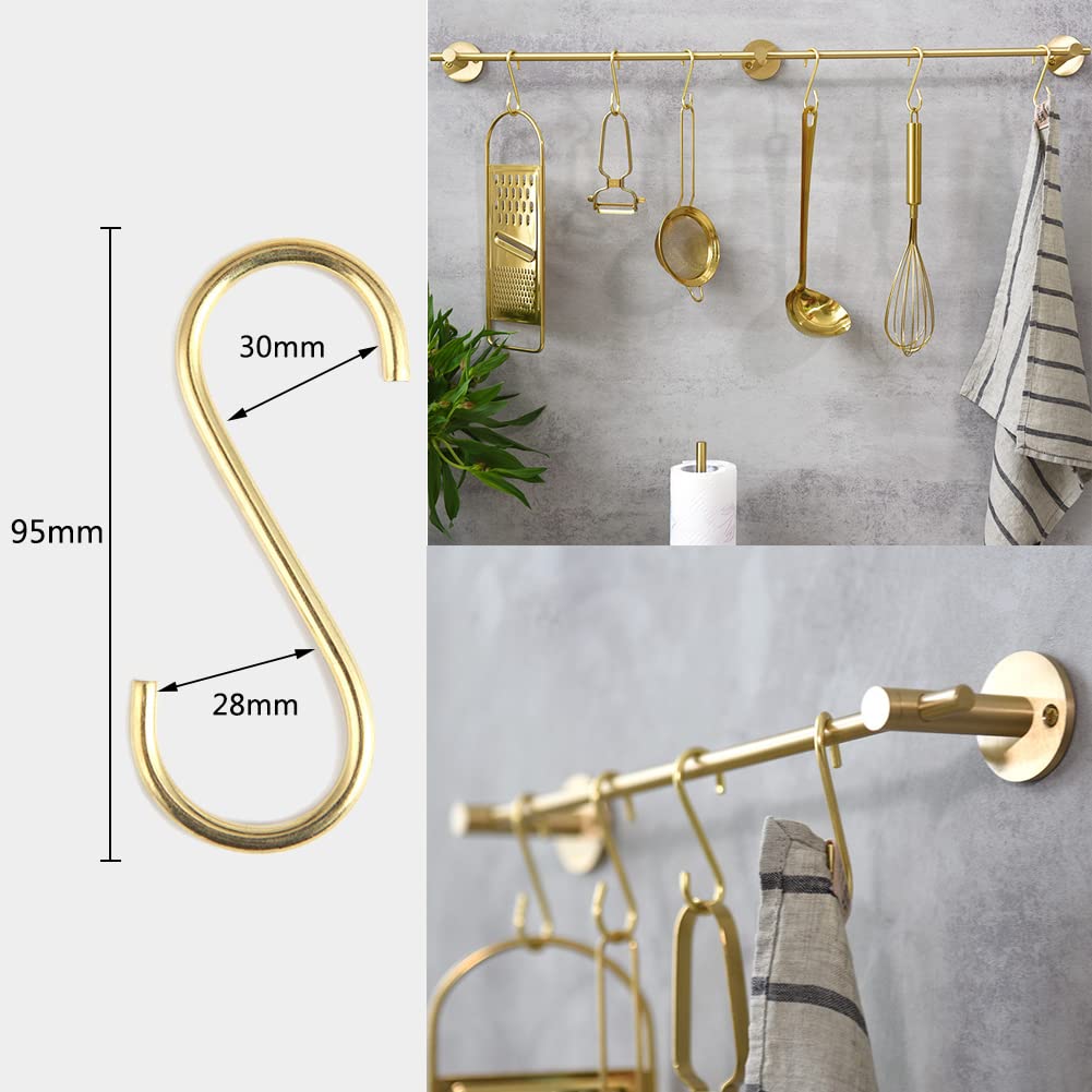 Mewuthede Brass S Hooks S-Shaped Hook, 10 Pcs Heavy Duty S Hooks for Hanging Kitchen Pots and Pans, Office, Bathroom, Closet, Outdoor, Widely Used