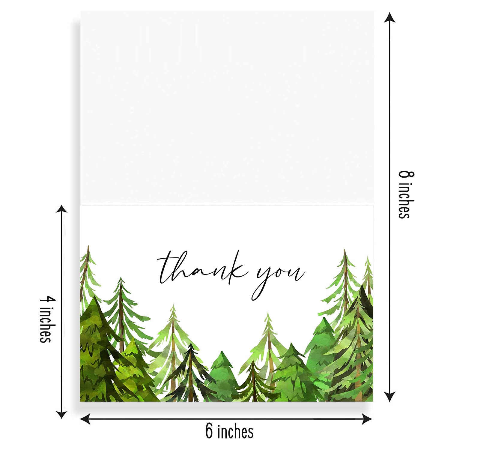 50 Green Forest Trees Thank You Cards, Watercolor Greenery Thank You Note Cards, 4''x6'' Woodland Thank You Cards