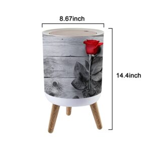 SHL96PZGX Small Trash Can with Lid Red Rose on Black and White with Wood Legs Wastebasket Round Garbage Bin for Kitchen, Bathroom, 1.8 Gallon - 7L