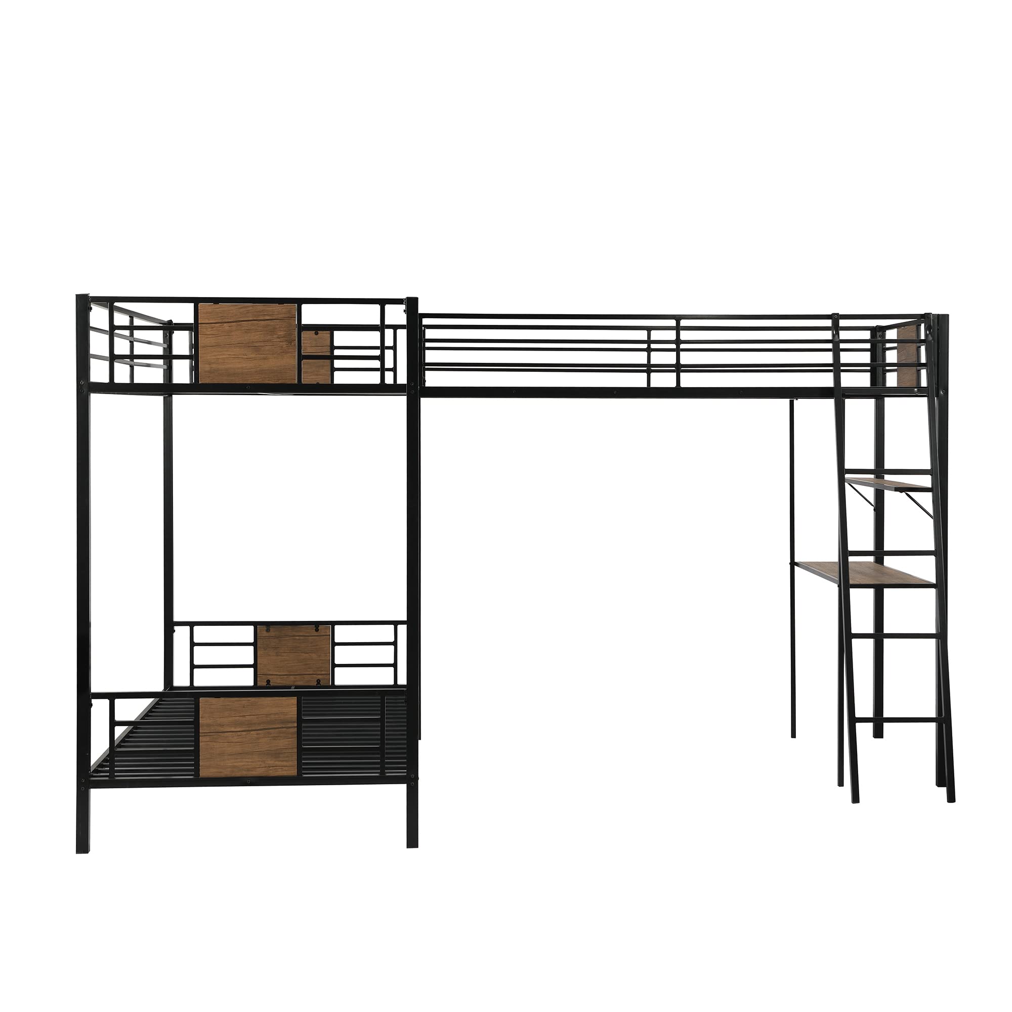 Metal Triple Bunk Bed with Desk and Shelf, L-Shaped Bunk Bed for 3 Kids Teens Adults, Twin Over Twin Bunk Bed with a Twin Size Loft Bed Attached – Brown