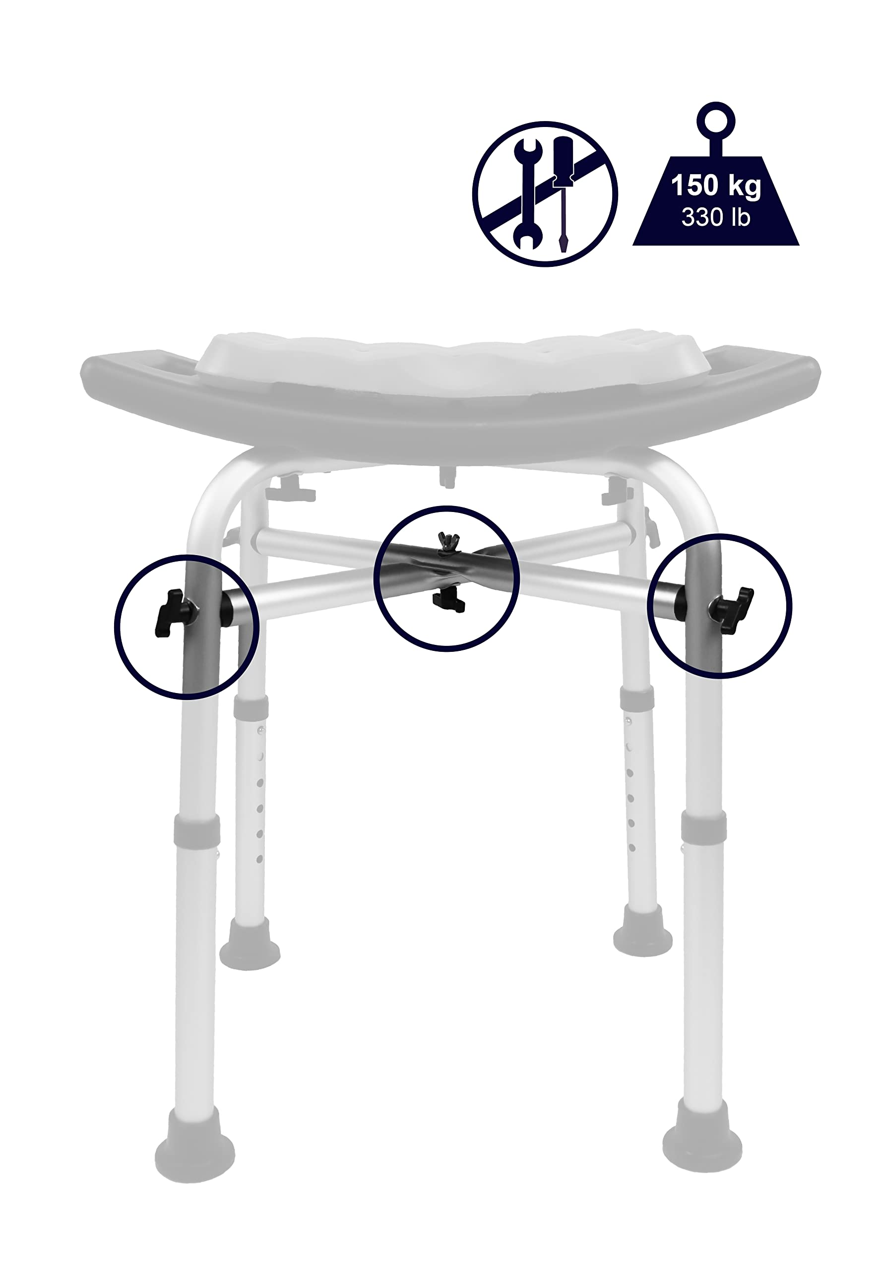 KMINA - Heavy Duty Shower Stool Padded (330 lb) with Double Reinforced Crossbar and Cushion, Shower Stool for Inside Shower, Shower Chair for Bathtub, Black Shower Seat Free Assembly - Made in Europe