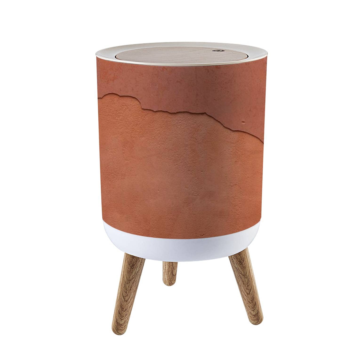 SHL96PZGX Small Trash Can with Lid Old Terracotta Painted Stucco Wall with Cracked Plaster Backgro with Wood Legs Wastebasket Round Garbage Bin for Kitchen, Bathroom, 1.8 Gallon - 7L