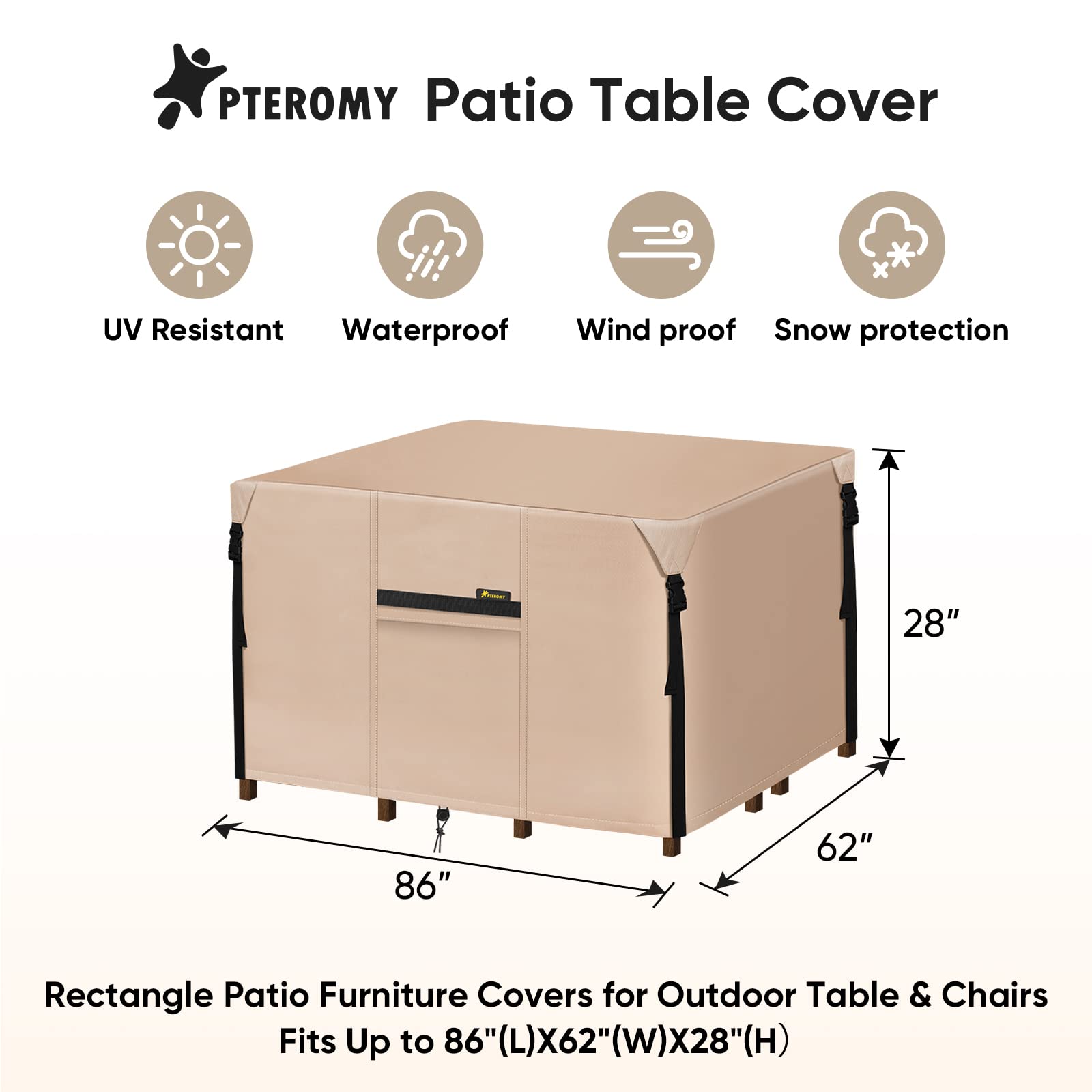 PTEROMY Waterproof Patio Table Cover, Heavy Duty 600D Canvas Patio Furniture Covers for Outdoor Dining Table and Chairs (Beige, 86''x 62'')