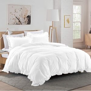 100% Cotton 600 Thread Count 3 Piece Frilled Duvet Set, 1 Piece Edge Ruffle Frilled Duvet Cover With Zipper Closure & Corner Ties And 2 Pillow Cover (King/California King Size, White)