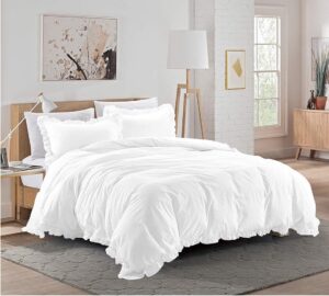 100% cotton 600 thread count 3 piece frilled duvet set, 1 piece edge ruffle frilled duvet cover with zipper closure & corner ties and 2 pillow cover (king/california king size, white)