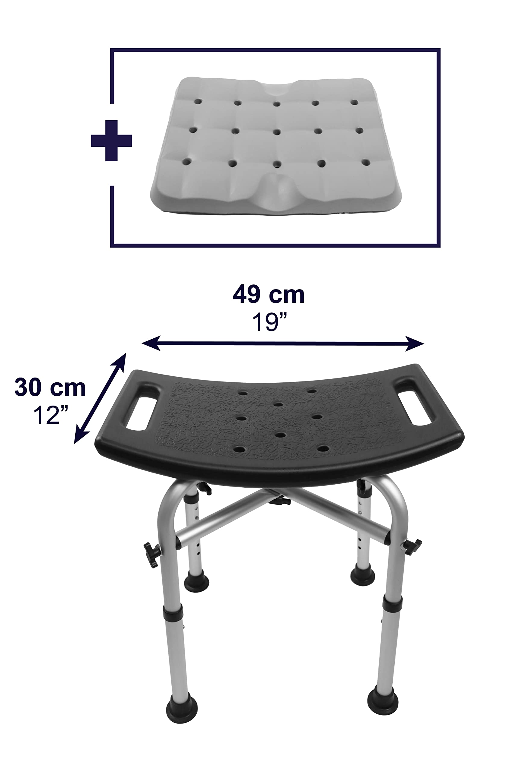 KMINA - Heavy Duty Shower Stool Padded (330 lb) with Double Reinforced Crossbar and Cushion, Shower Stool for Inside Shower, Shower Chair for Bathtub, Black Shower Seat Free Assembly - Made in Europe