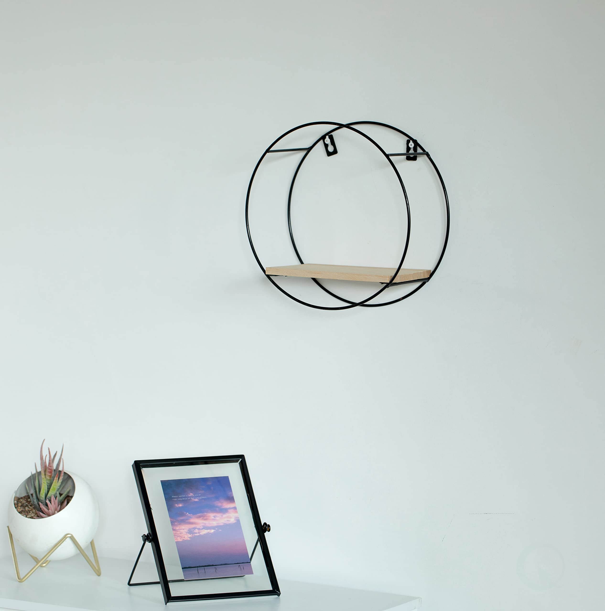 Vintiquewise Round, Wooden Board with Metal Frame Wall Mount Floating Shelf for The Living Room, Dining Room, or Office