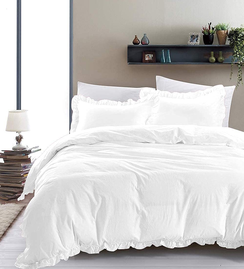 100% Cotton 600 Thread Count 3 Piece Frilled Duvet Set, 1 Piece Edge Ruffle Frilled Duvet Cover With Zipper Closure & Corner Ties And 2 Pillow Cover (King/California King Size, White)