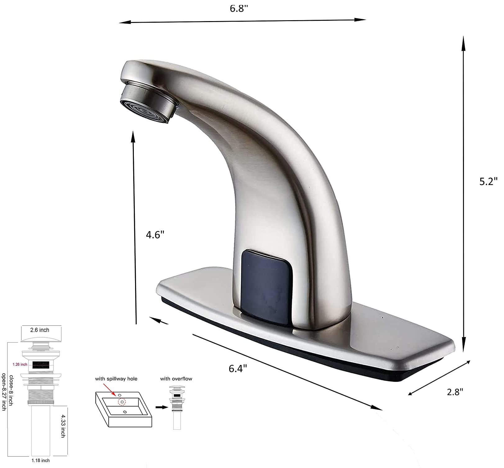 Automatic Sensor Touchless Bathroom Faucet Brushed Nickel Eletronic Motion Activated Hands-Free Include Pop Up Drain Overflow Lavatory Vanity Bath Sink Faucet,Touch-Free Solid Brass