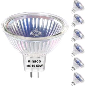 vinaco mr16 bulb，6 pack mr16 halogen bulb 50w gu5.3 base, 800lm high output mr16 12v 50w halogen, 2800k warm white mr16 dimmable with clear glass cover, mr16 gu5.3 for landscape, track lights