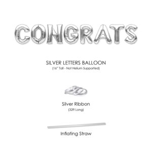 PartyForever Big Silver Congrats Balloon Banner 16 inch Letters for Graduation Party Decorations and Supplies