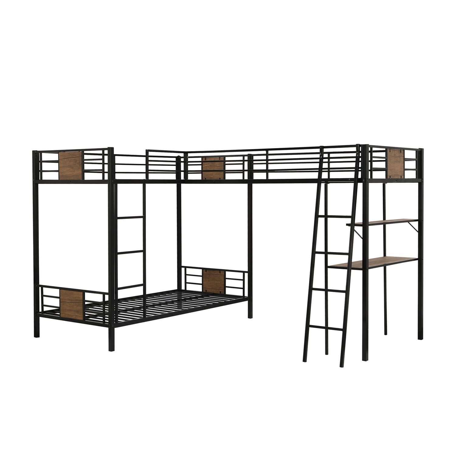 Metal Triple Bunk Bed for Kids Twin Over Twin L-Shape Bunk Bed Attached a Loft Bed with Desk & Shelves 3 Bunked Beds for for Dorm, Boys Girls Teens Kids, Brown