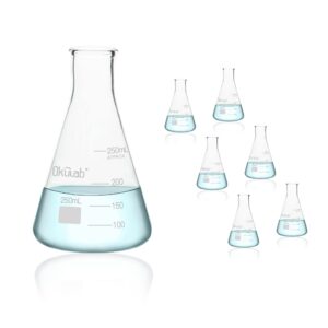 Okulab Conical Flask Set, 250mL Glass Erlenmeyer Flasks, Narrow Mouth, 3.3 Borosilicate Glass Conical Flask Set (case of 6) for Lab, Classroom, Craft, Kitchen,EFNG250A6