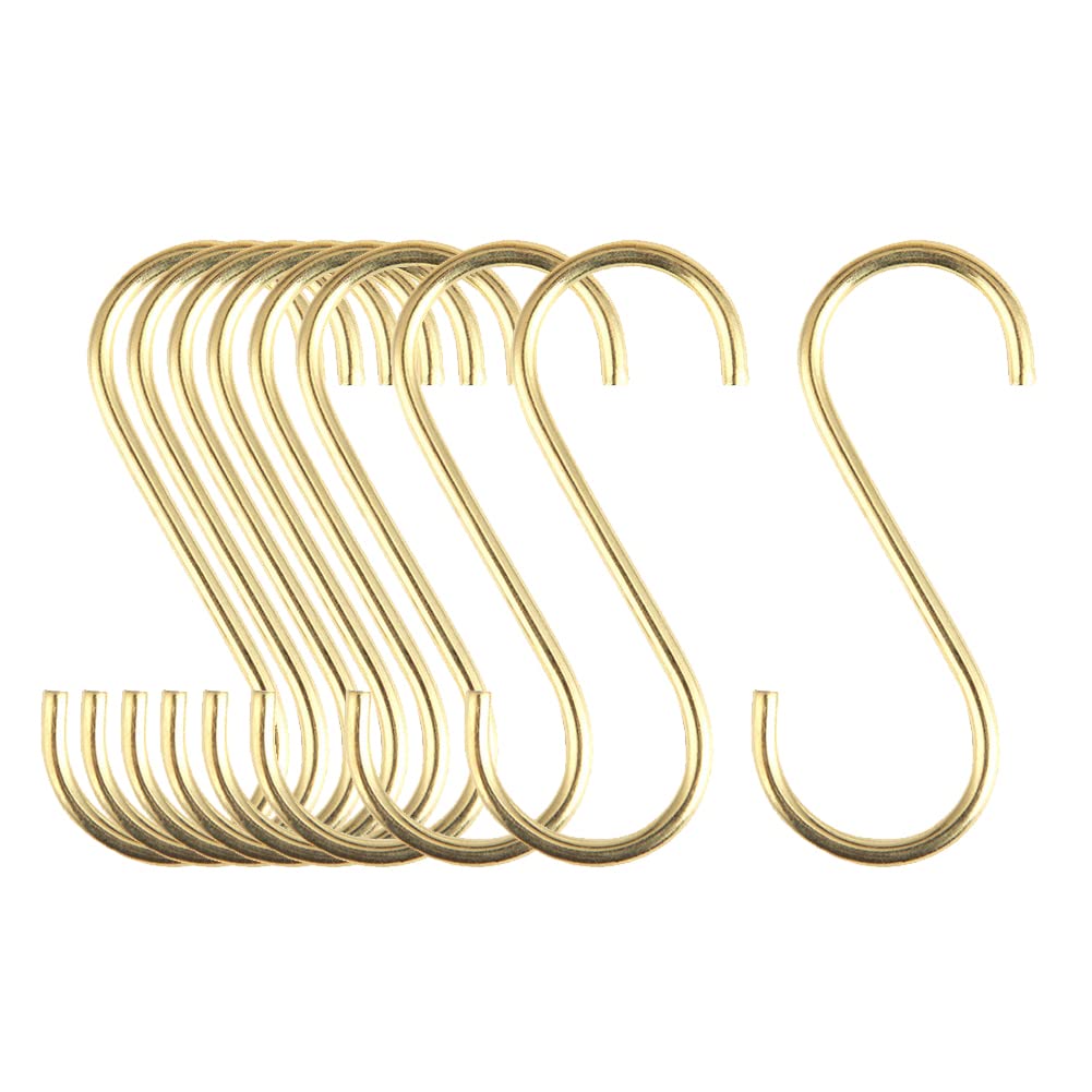 Mewuthede Brass S Hooks S-Shaped Hook, 10 Pcs Heavy Duty S Hooks for Hanging Kitchen Pots and Pans, Office, Bathroom, Closet, Outdoor, Widely Used