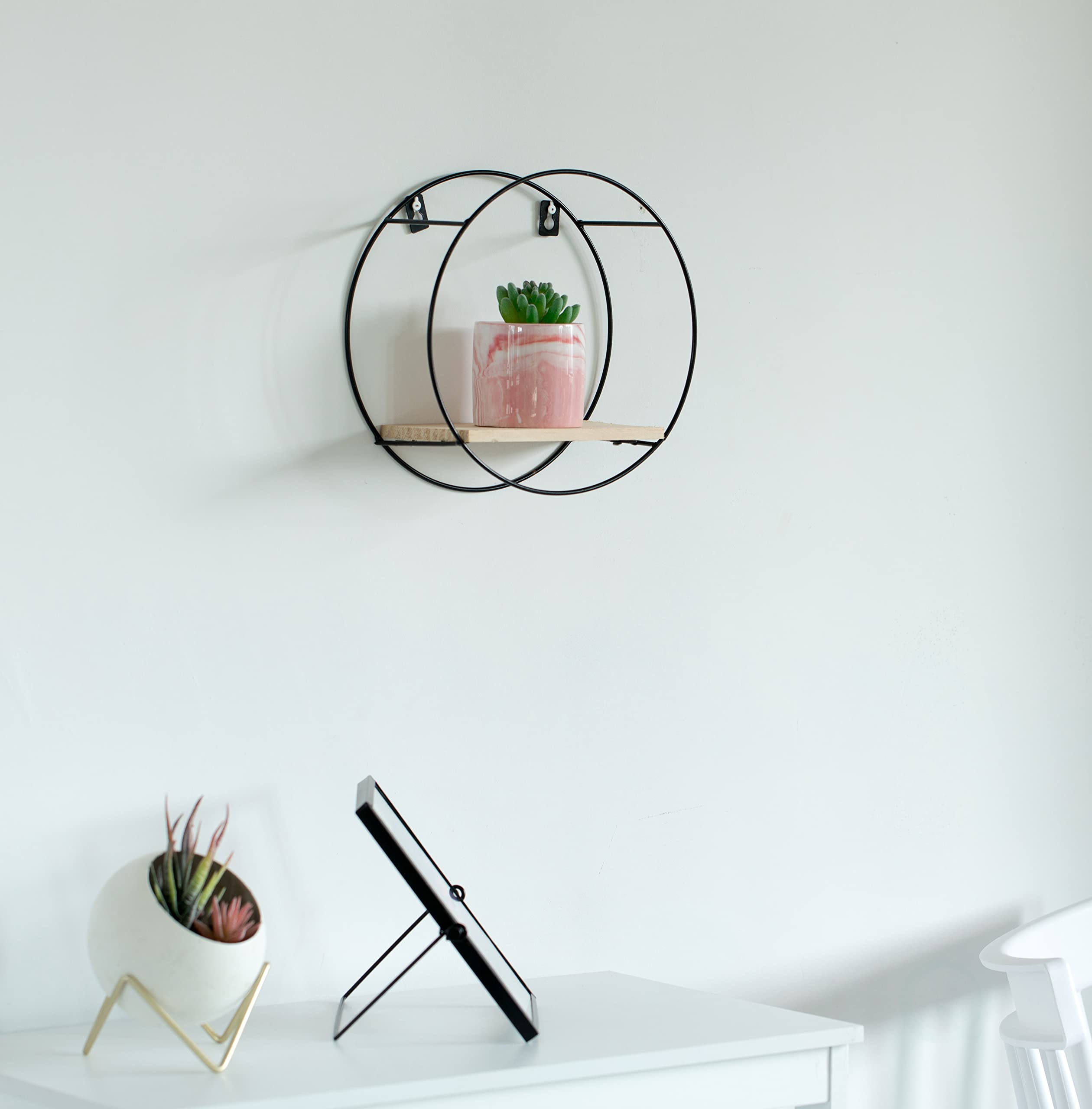 Vintiquewise Round, Wooden Board with Metal Frame Wall Mount Floating Shelf for The Living Room, Dining Room, or Office