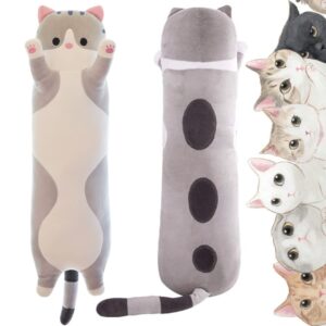 handytoolinc soft cat plush pillow long stuffed animals sleeping pillow cotton kitten pillow cute long body pillow gift for kids girlfriend (27.6 inch/70cm,grey)