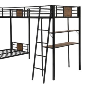 Metal Triple Bunk Bed with Desk and Shelf, L-Shaped Bunk Bed for 3 Kids Teens Adults, Twin Over Twin Bunk Bed with a Twin Size Loft Bed Attached – Brown