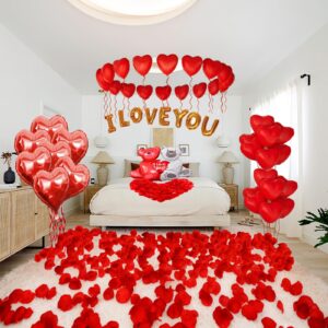 Tayuvira I Love You Balloons And Red Heart Balloons Set ，Heart Balloons Kit With 1000 Pcs Dark-Red Silk Rose .I Love You Decoration For Anniversary Confession Proposal Wedding Valentine Day