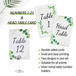 POWER UNICO FLOWER Table Numbers 1-25 Plus Head Table Card, Double-sided 4 * 6in Card Stock with Matched Silver Table Number Holders for Wedding and Events (667)