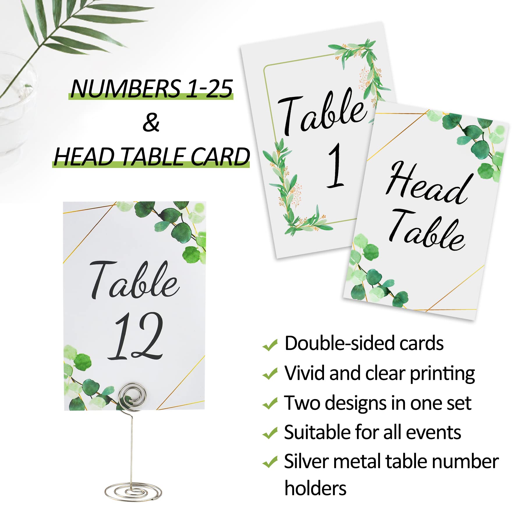 POWER UNICO FLOWER Table Numbers 1-25 Plus Head Table Card, Double-sided 4 * 6in Card Stock with Matched Silver Table Number Holders for Wedding and Events (667)