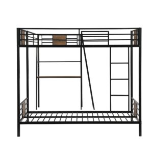 Metal Triple Bunk Bed with Desk and Shelf, L-Shaped Bunk Bed for 3 Kids Teens Adults, Twin Over Twin Bunk Bed with a Twin Size Loft Bed Attached – Brown