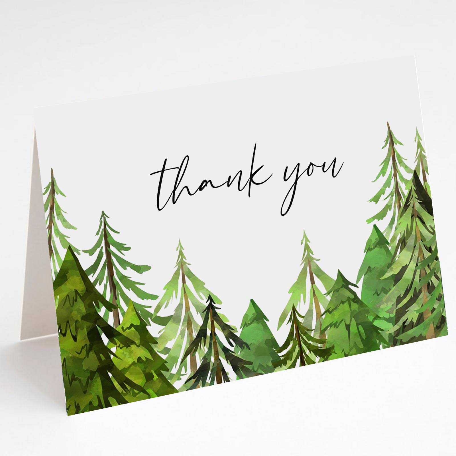 50 Green Forest Trees Thank You Cards, Watercolor Greenery Thank You Note Cards, 4''x6'' Woodland Thank You Cards