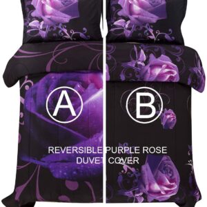 WONGS BEDDING Duvet Cover Set King, 3 Pieces Valentine's Day Bedding Set with 2 Pillowcases, Purple Rose Gifts for Gril Duvet Cover King 90"x104"