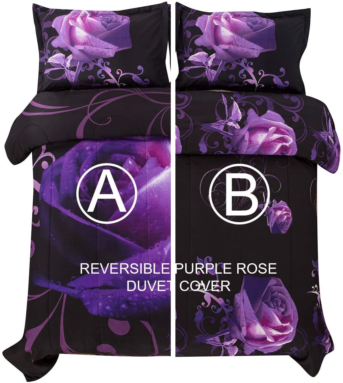 WONGS BEDDING Duvet Cover Set King, 3 Pieces Valentine's Day Bedding Set with 2 Pillowcases, Purple Rose Gifts for Gril Duvet Cover King 90"x104"