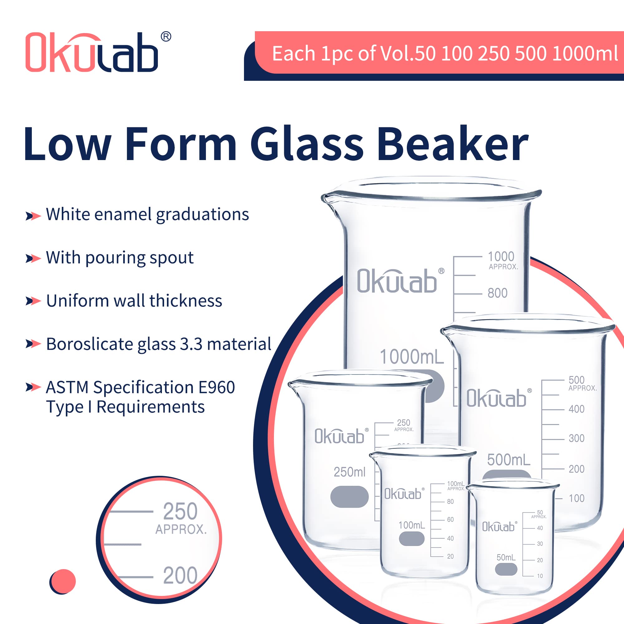 Okulab Glass Beaker Set, Low Form, Graduated 3.3 Borosilicate Glass Beakers (I PC of 50 100 250 500 1000ml) for Lab, Classroom, Craft, Kitchen, BKLGS5A1