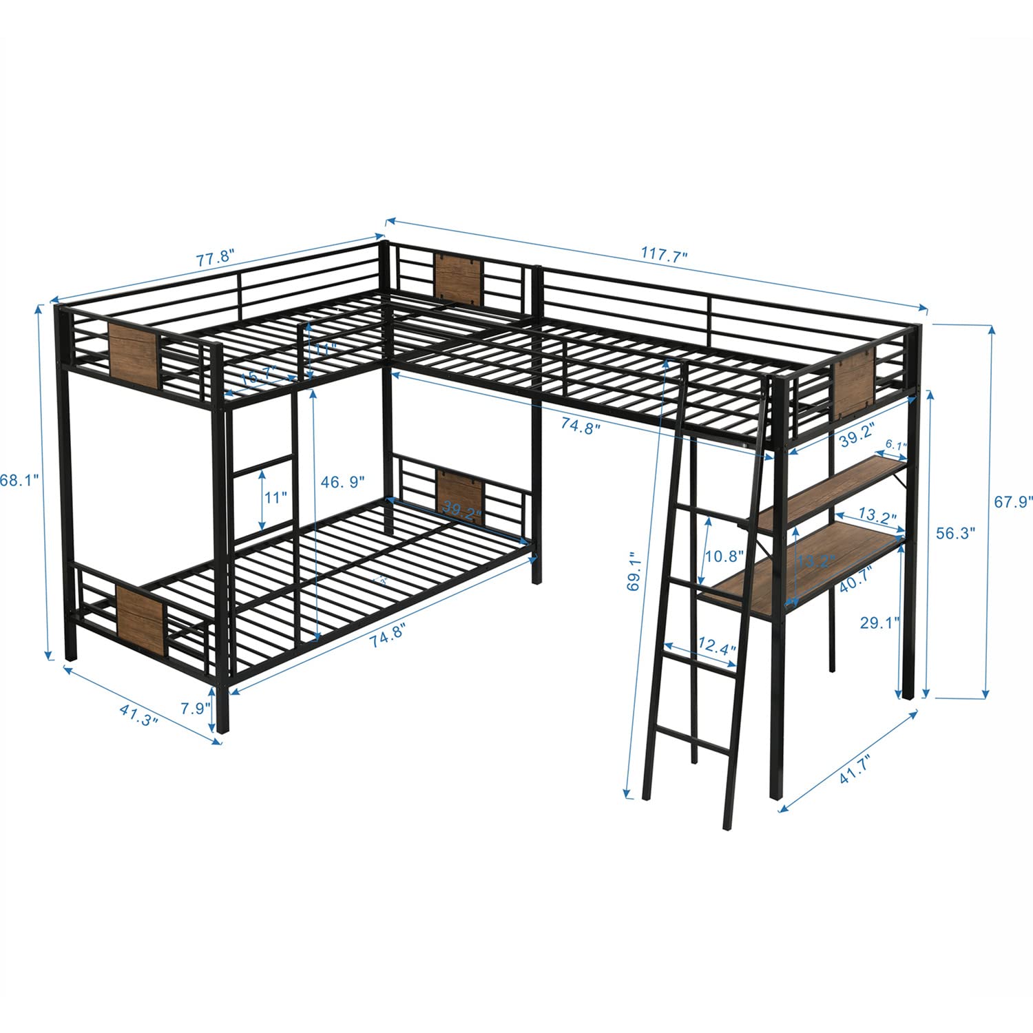 Metal Triple Bunk Bed for Kids Twin Over Twin L-Shape Bunk Bed Attached a Loft Bed with Desk & Shelves 3 Bunked Beds for for Dorm, Boys Girls Teens Kids, Brown