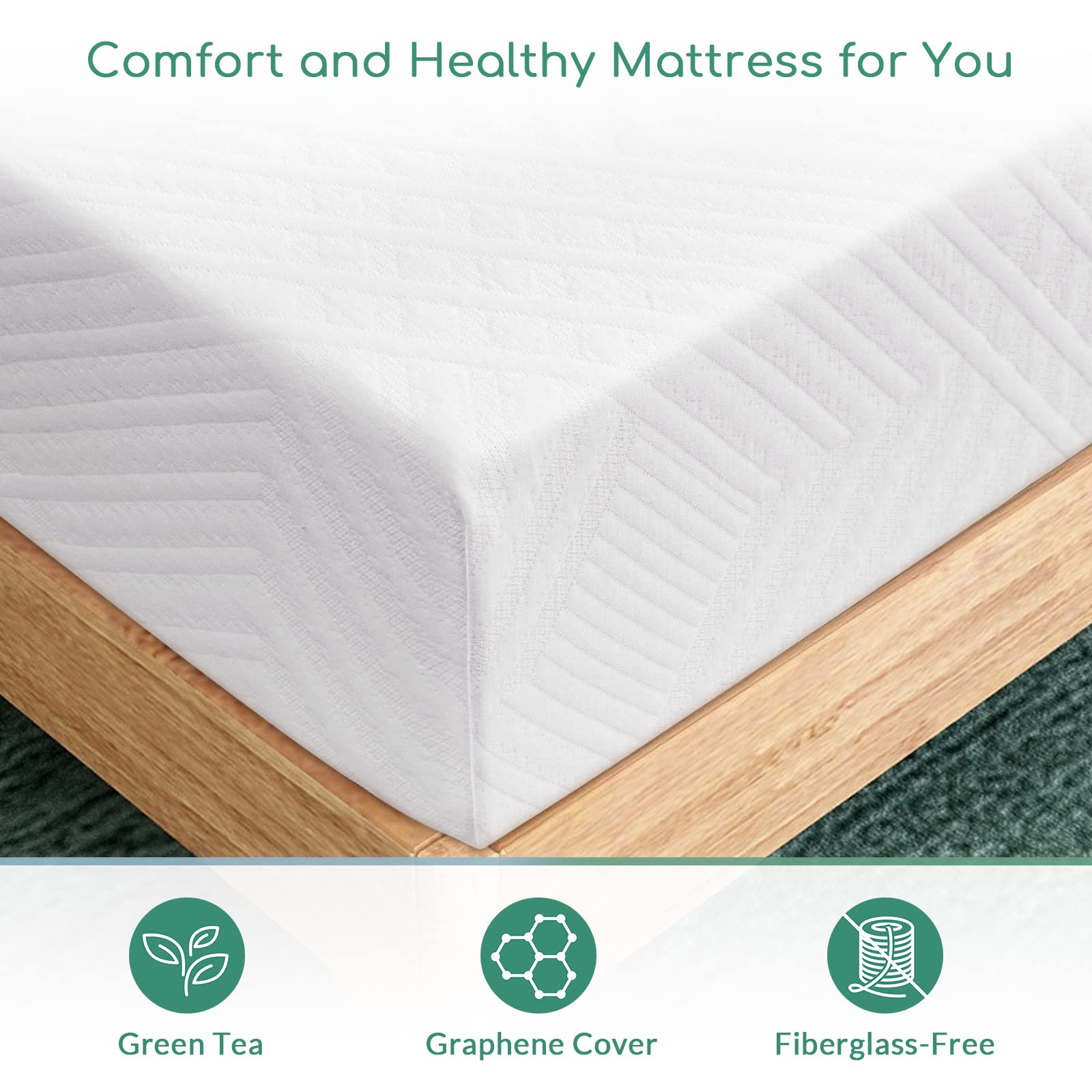 Airdown Queen Mattress, 8 Inch Green Tea Memory Foam Mattress for Cool Sleep, Medium Firm Supportive Mattresses for Pressure Relief, CertiPUR-US Certified, Mattress in A Box, Made in USA,White