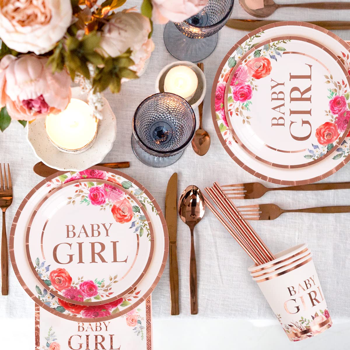 Baby Shower Decorations for Girl Pink and Rose Gold Floral Baby Shower Decor with It's A Girl Backdrop and Baby Girl Plates and Napkins for Sweet Baby Girl Shower Supplies Serves 20 Guests